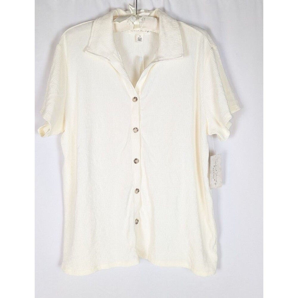 French Laundry 1X Cream Off-White Ribbed Button Front Short Sleeve Top Blouse